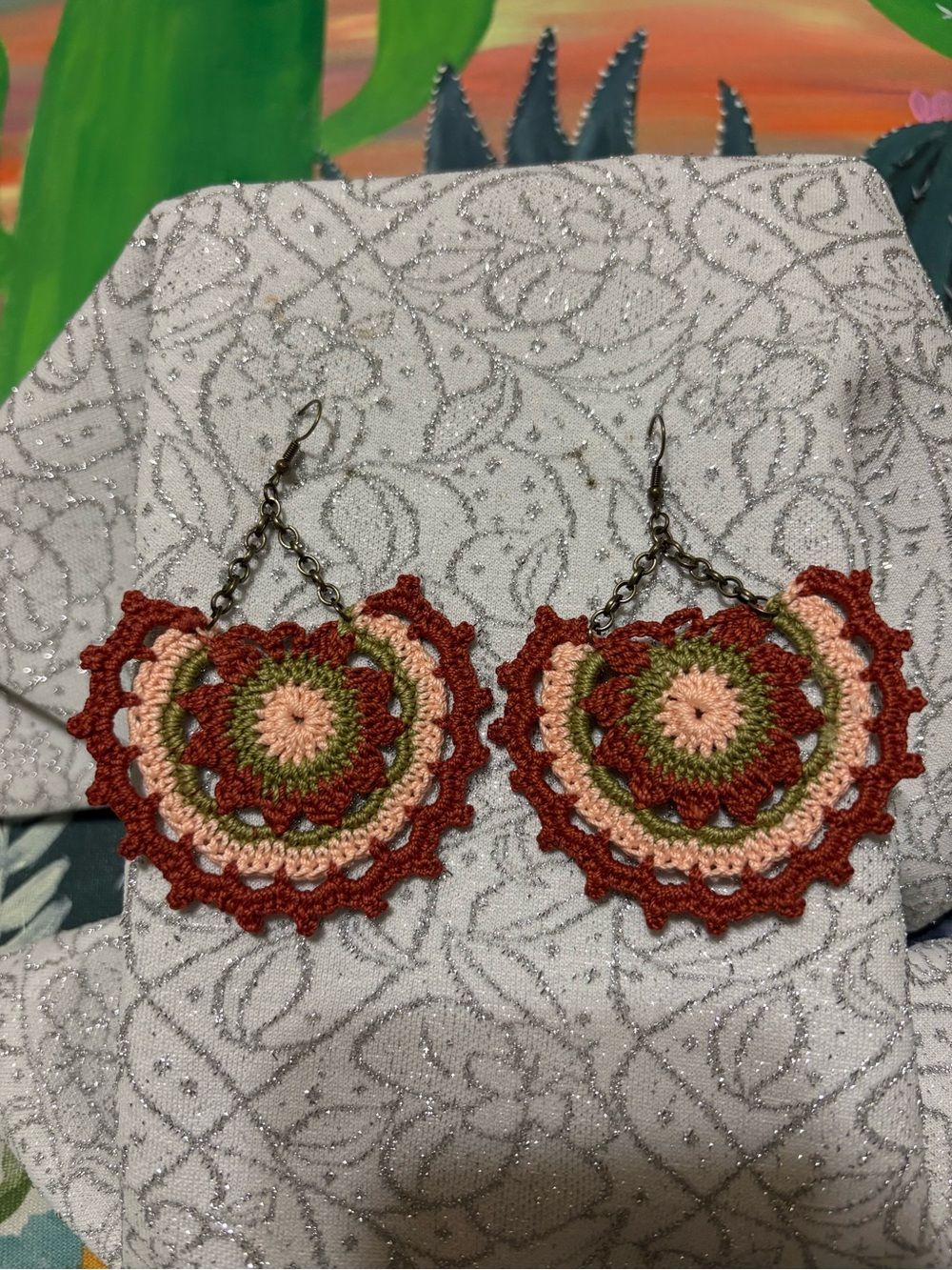Boho Crochet Floral Hoop Earrings - Pink, Green & Rust